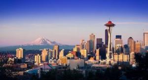 A scenic arial view of buildings located within Seattle.