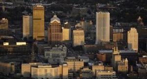 An arial view of buildings located within Rochester, NY